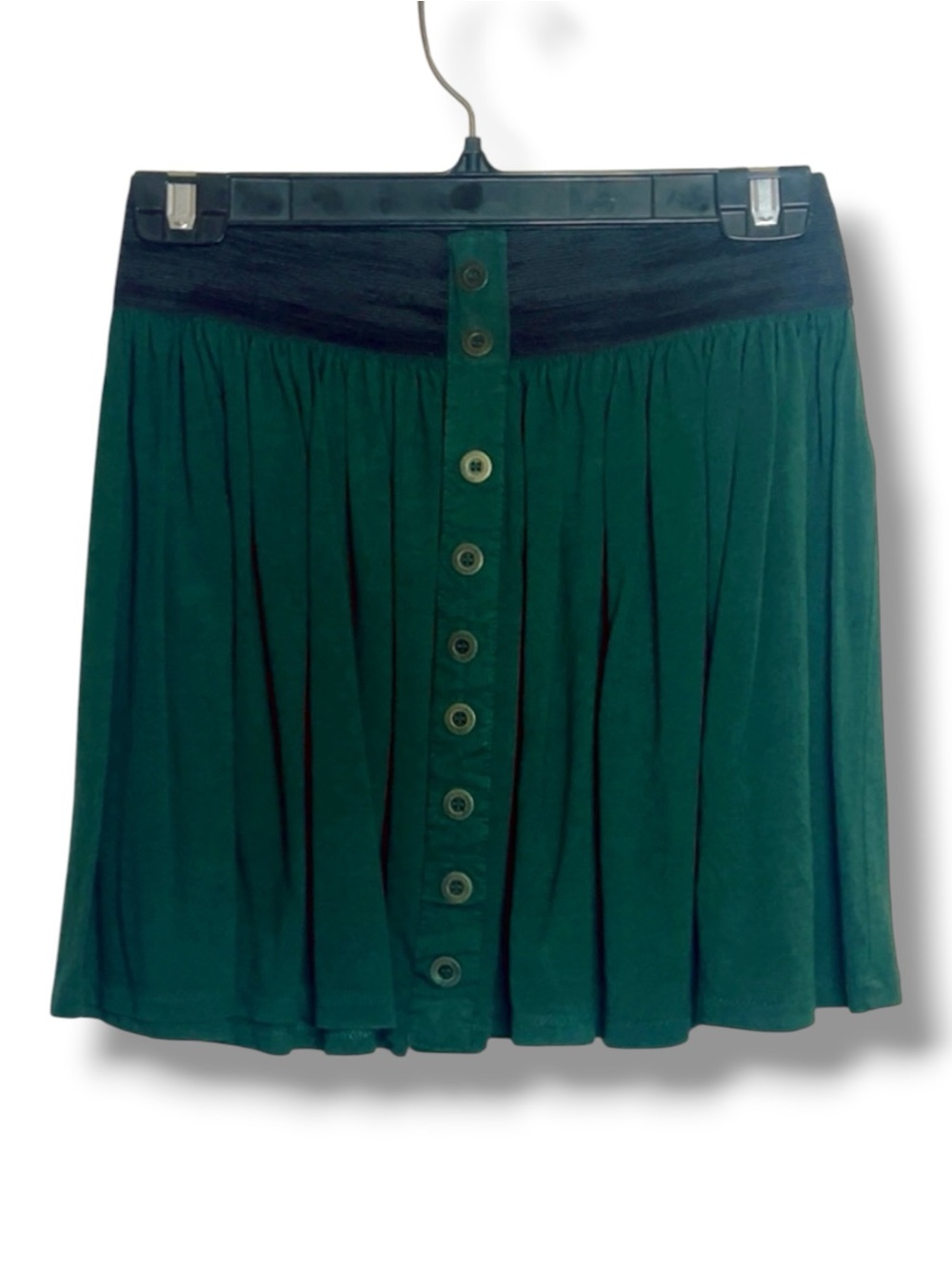 Y2K Forever 21 Dark Green Button Front Mini Skirt Skater Elastic Black Waist M